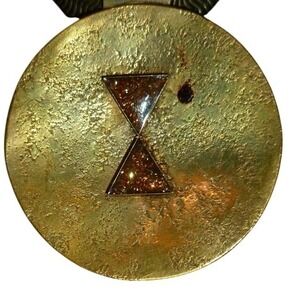 Vintage Marjorie Baer SF Modernist Hourglass Pendant Necklace Mixed Metal Brass